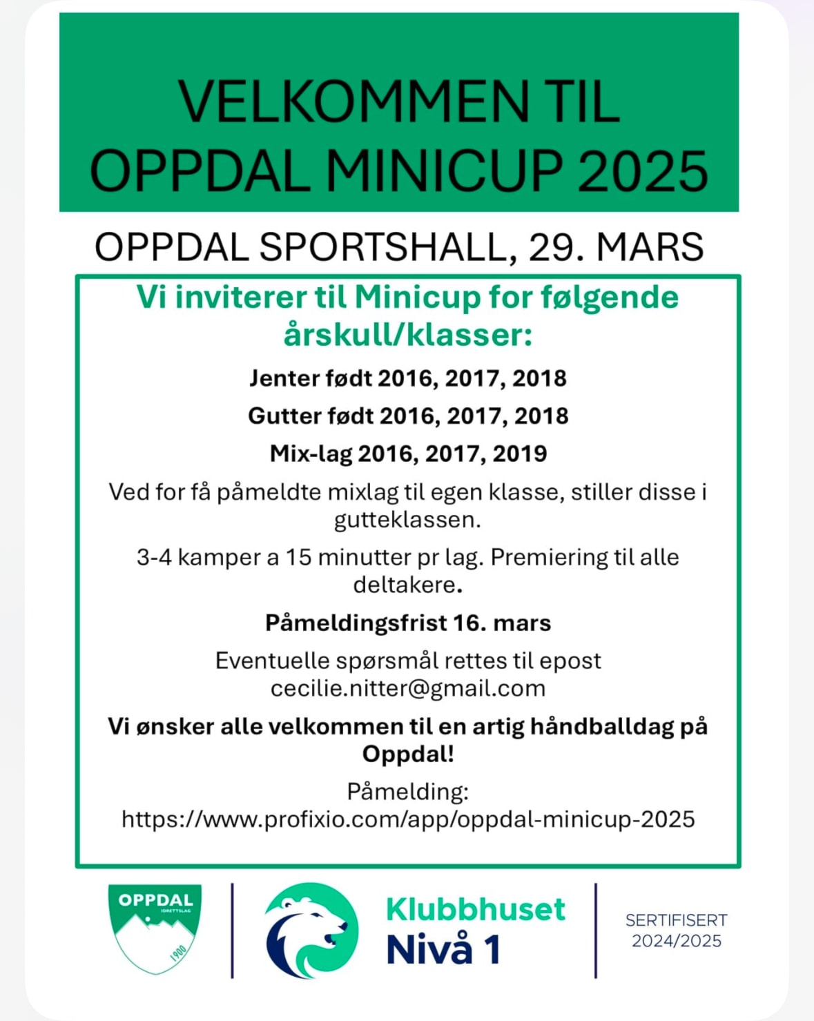 Oppdal Minicup Arrangeres 29 Mars